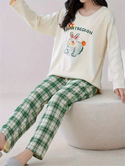 Bunny Print Pajama Set Long Sleeve Crew Neck & Plaid Pants