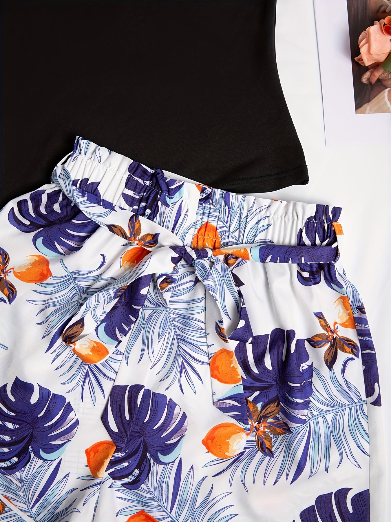 Solid Crop Cami Top & Tropical Print Shorts Set