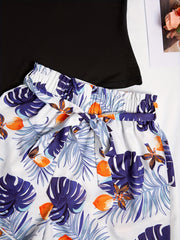 Solid Crop Cami Top & Tropical Print Shorts Set