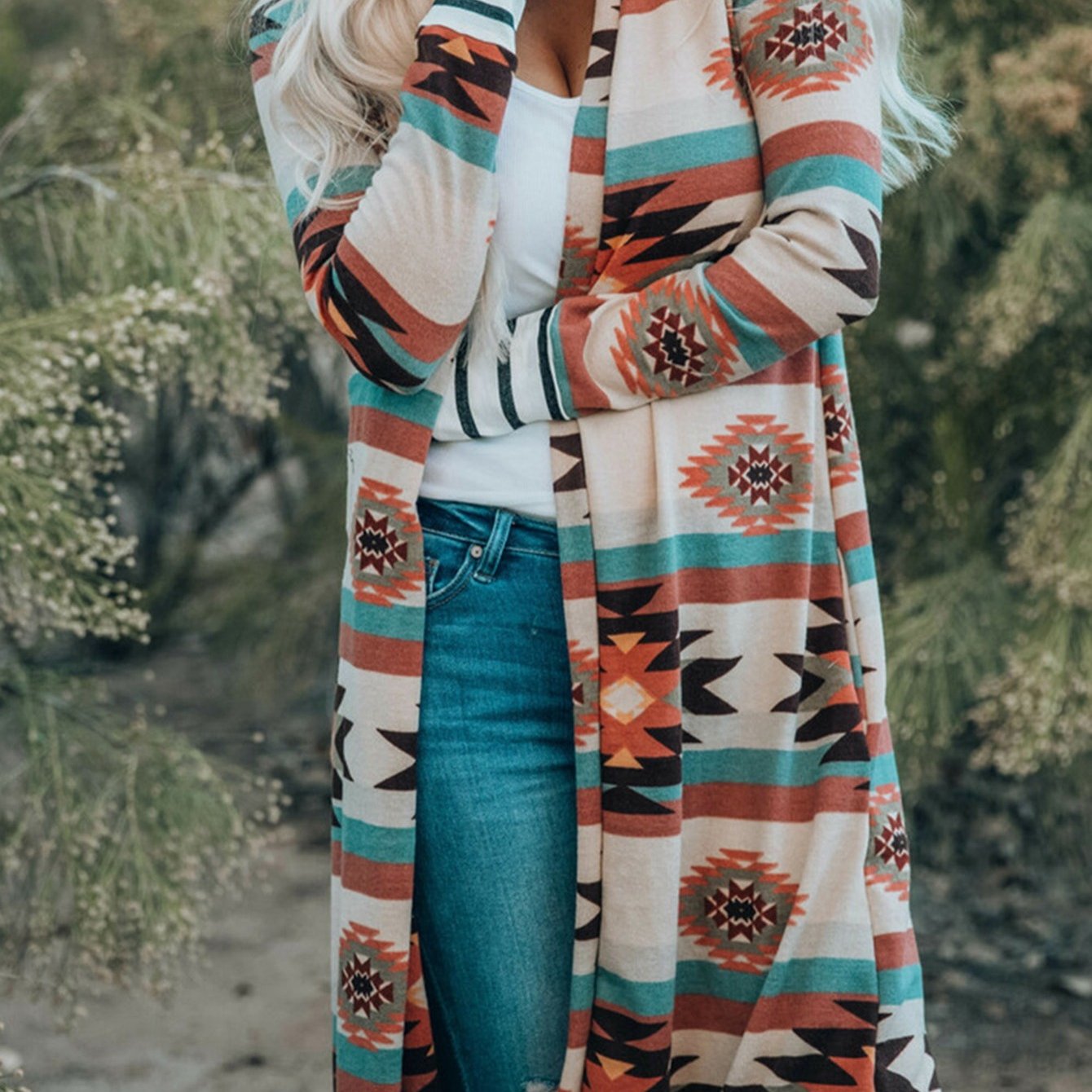 Women's Geometric Block Open Front Long Cardigan