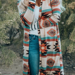 Women's Geometric Block Open Front Long Cardigan