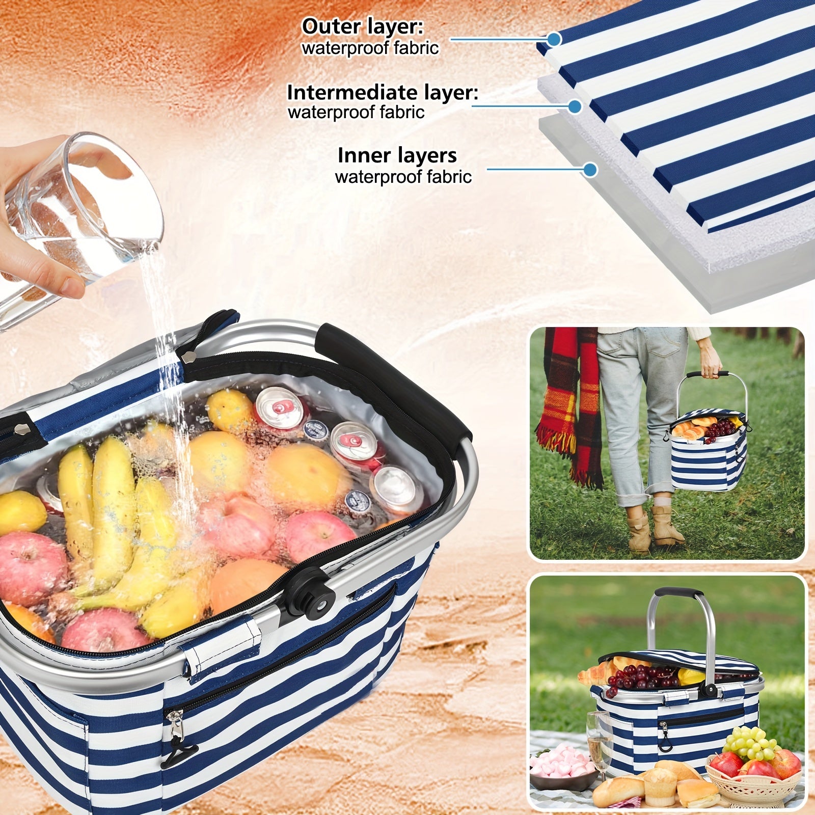 32L Large Picnic Basket with Insulated Aluminum Frame - Foldable and Stylish