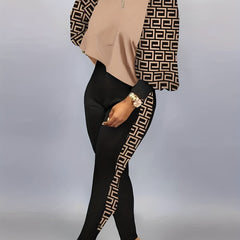 Colorblock Greek Print Lantern Sleeve Top & Pants Set
