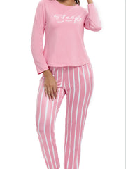 Letter Print Lounge Set Long Sleeve Crew Neck Top & Striped Pants