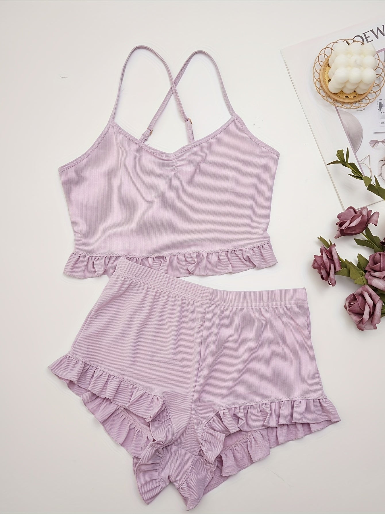 V Neck Pajama Set Lace Up Top & Shorts
