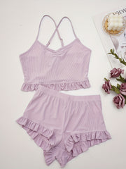 V Neck Pajama Set Lace Up Top & Shorts