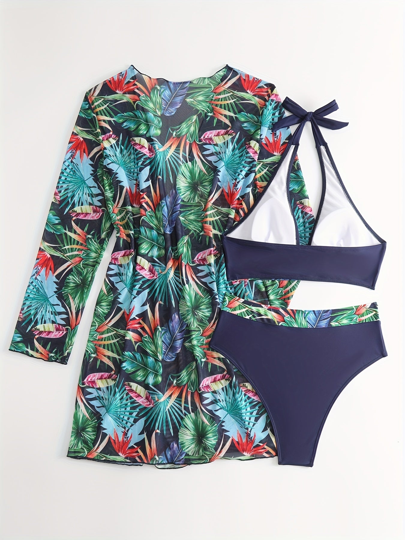 Tropical Leaf Print Halter Bikini Set with Cover Up