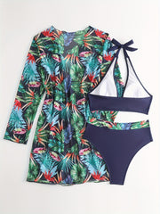 Tropical Leaf Print Halter Bikini Set with Cover Up