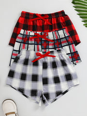3pcs Kids Red Plaid Bowknot Shorts Elastic Waist