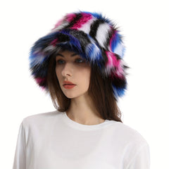 Rainbow Striped Plush Bucket Hat Lightweight Warm Bucket Hat