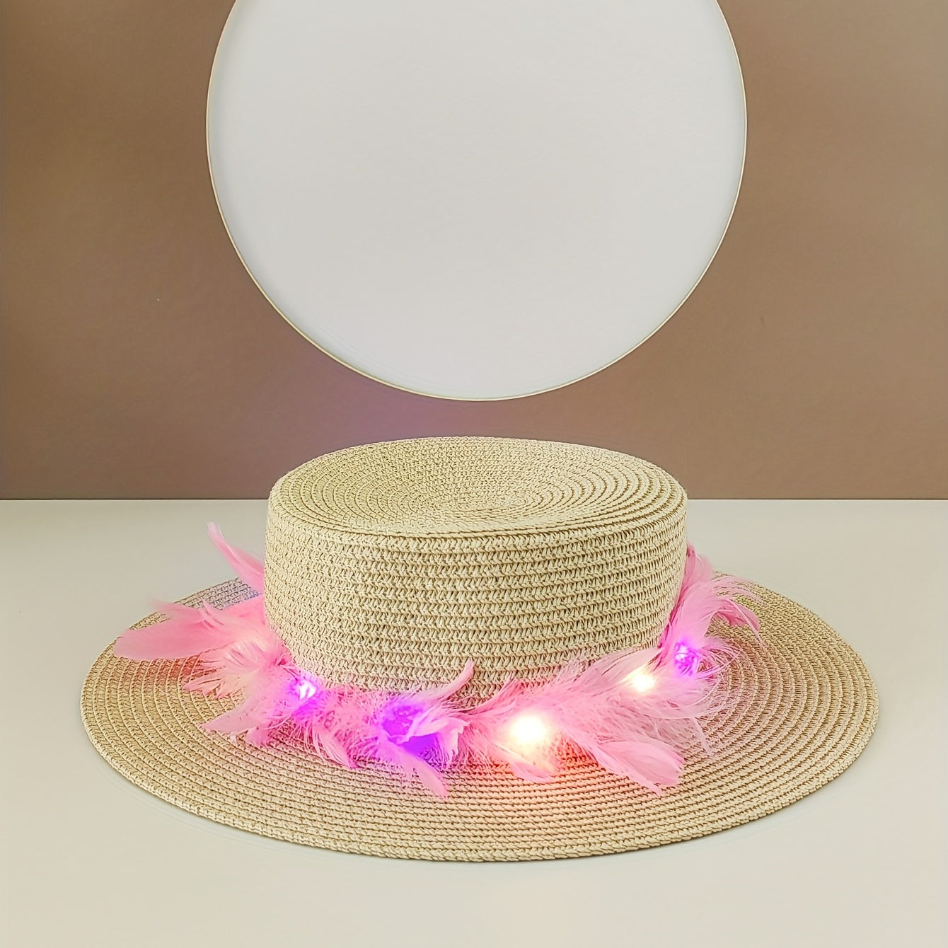 Luminous Feather Wreath Sun Hat Easter Beige Straw Hat Fedora C