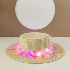 Luminous Feather Wreath Sun Hat Easter Beige Straw Hat Fedora C