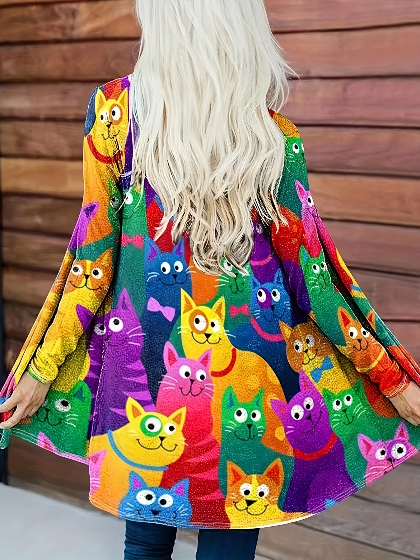 Cat Print Long Sleeve Open Front Cardigan