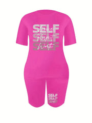 2 Piece Set Women's Plus Letter Print Tee & Shorts Outfits