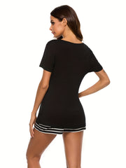 Cat Print Pajama Set Short Sleeve Top & Striped Shorts