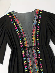 Boho Cover Up Flower Appliques Fringe Trim Ruffle Sleeve Mesh