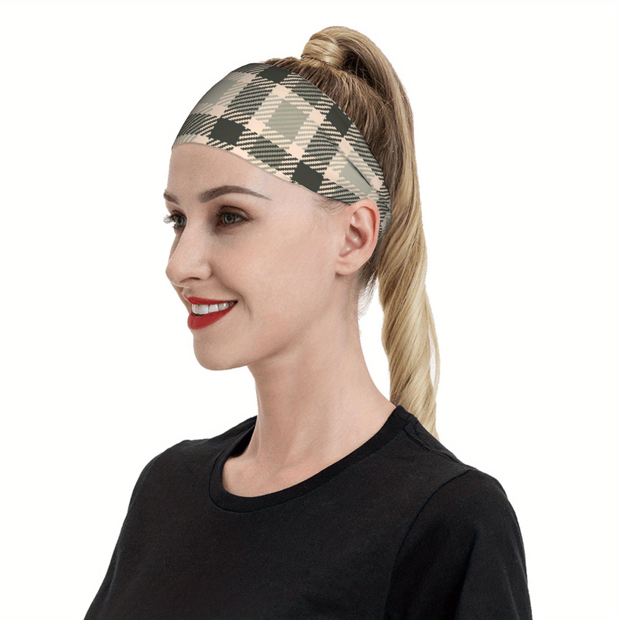Vintage Plaid Headband Beige Gray Retro Accessory