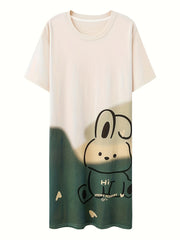 Bunny Print Lounge Dress Soft & Comfy Short Sleeve Home Dress