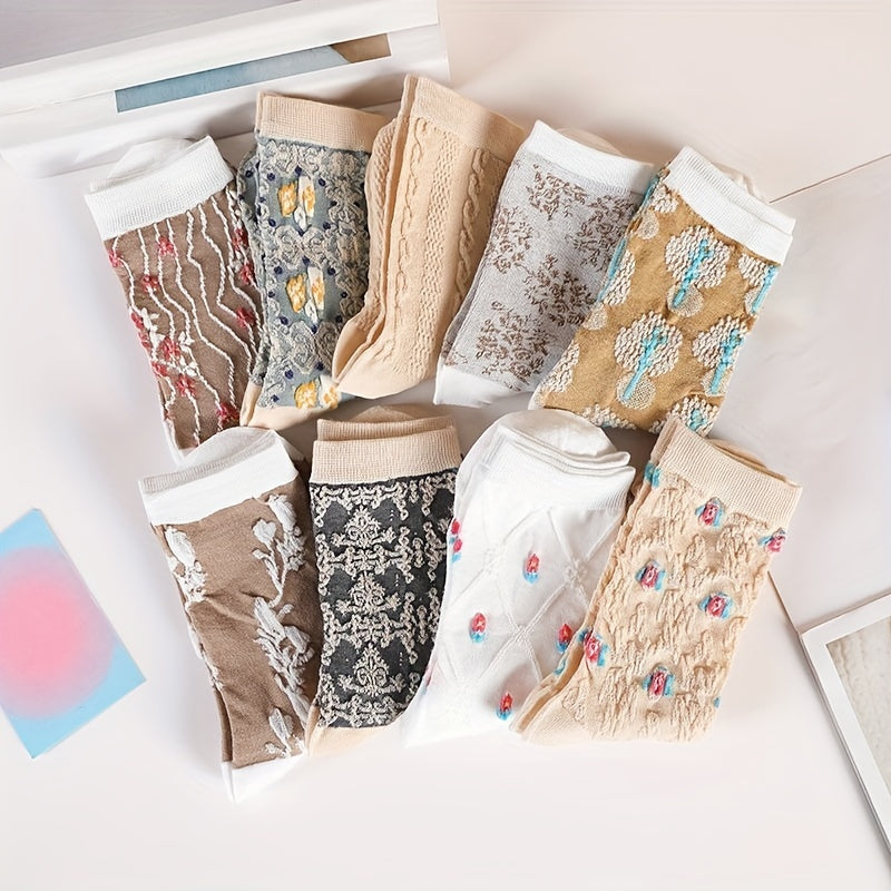 9 Pairs Floral Print Socks Breathable Mid Tube Women's Stockings