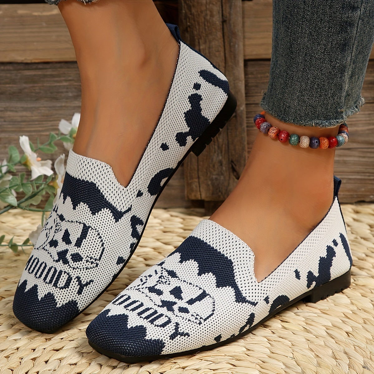 Women's Breathable Mesh Flat Shoes Square Toe Lightweight Slip On Shoes