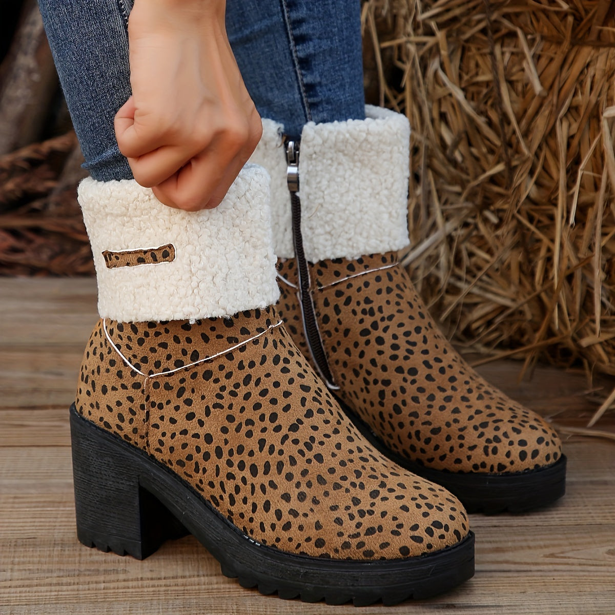 Leopard Print Winter Snow Boots Side Zipper Chunky Block Heel Ankle Boots