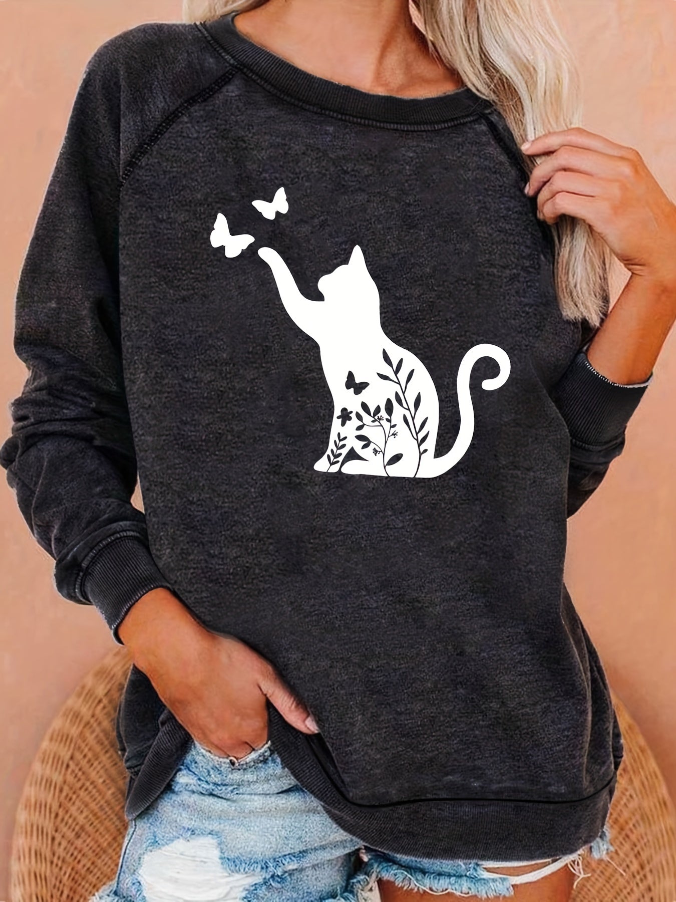 Cat & Butterfly Print Sweatshirt Long Sleeve Casual Sweatshirt Women's Clothing