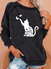 Cat & Butterfly Print Sweatshirt Long Sleeve Casual Sweatshirt Women's Clothing