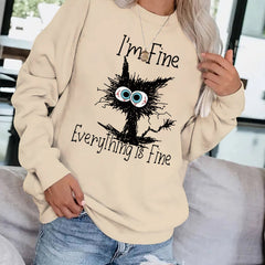 Tired Cat Print Pullover Sweatshirt for Women