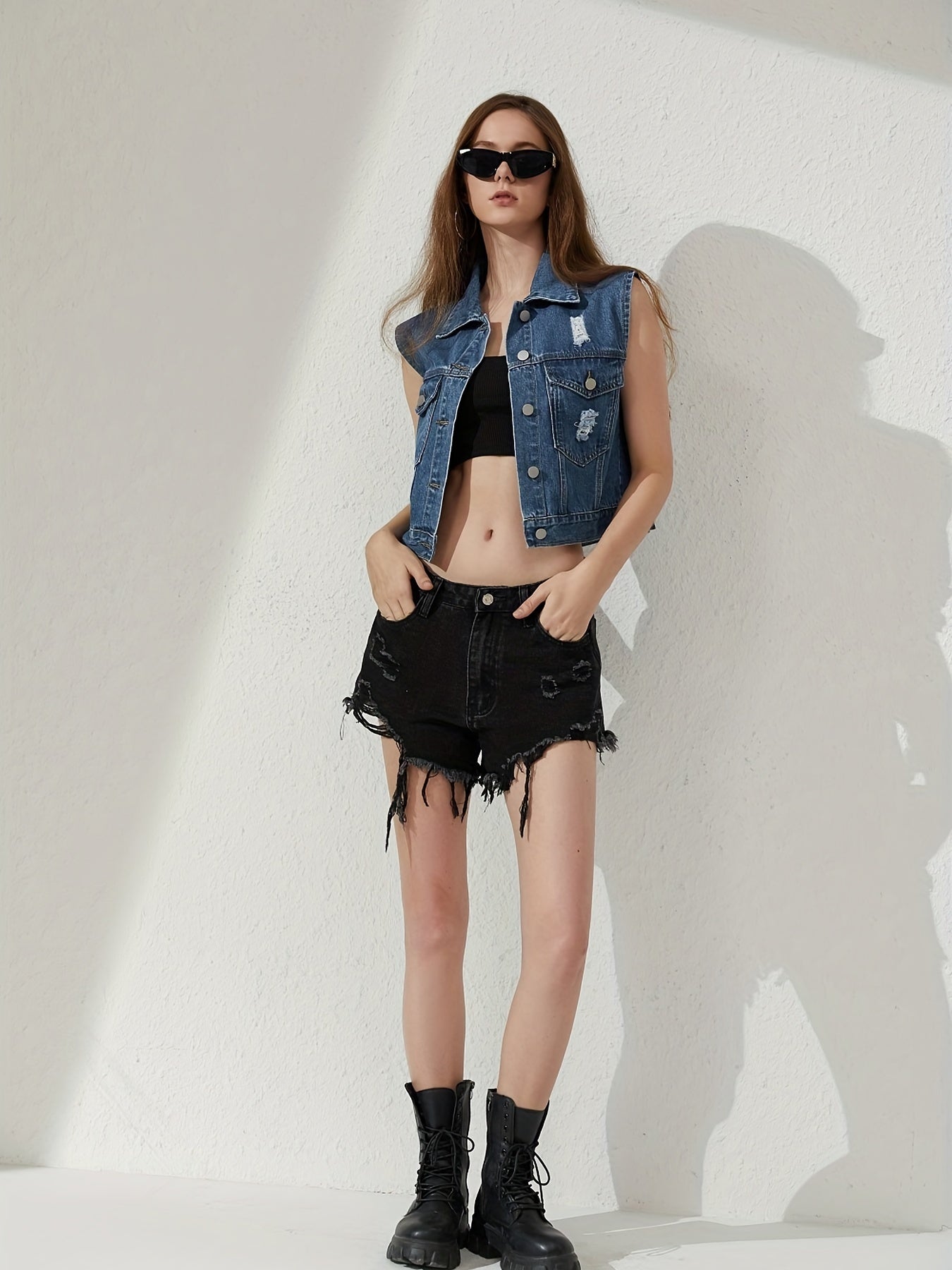 Ripped Denim Jacket Sleeveless Lapel Button