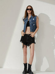 Ripped Denim Jacket Sleeveless Lapel Button