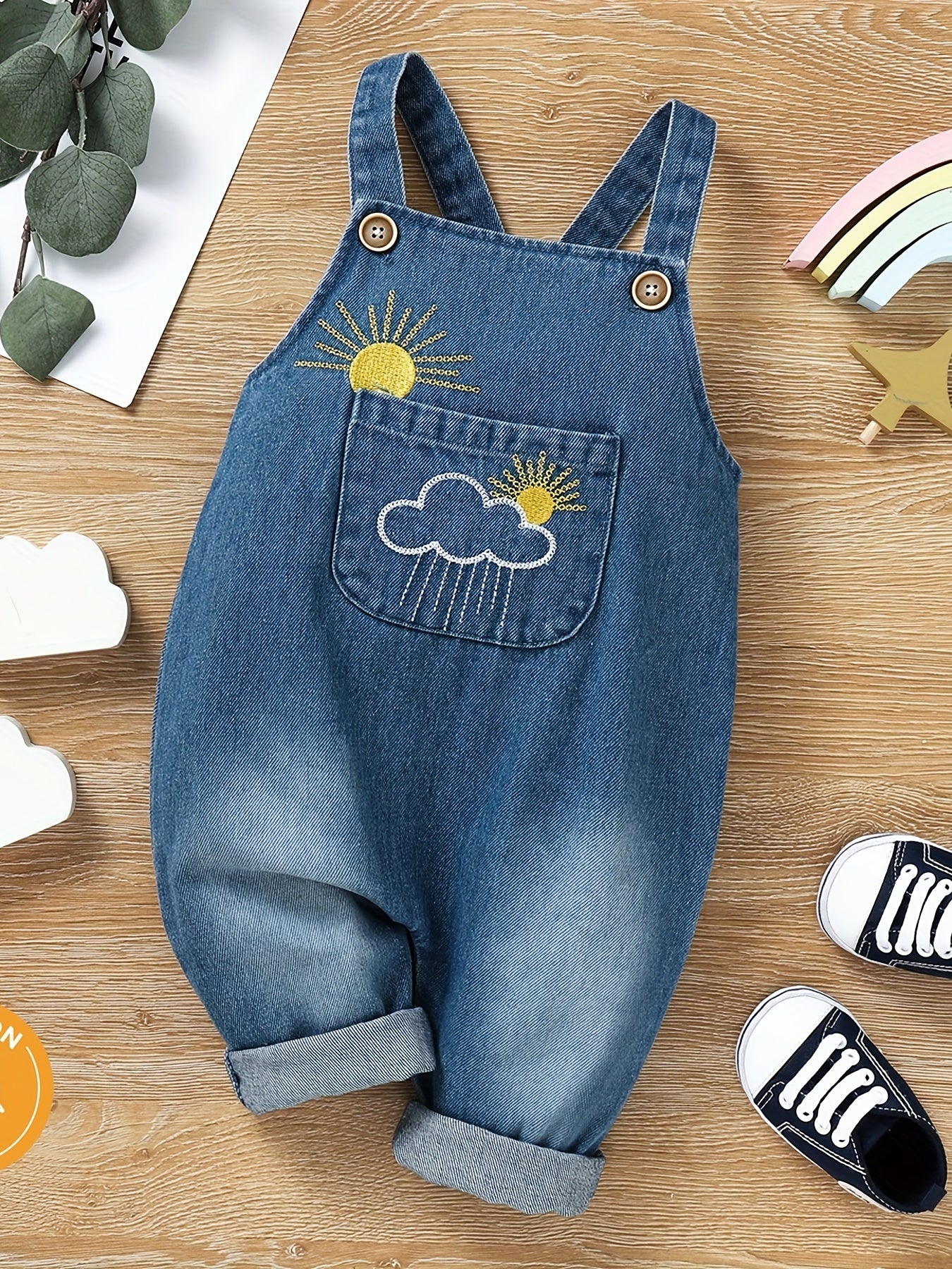 Baby Boys Casual Cloud And Sun Embroidered Denim Overalls Summer Baby Clothes