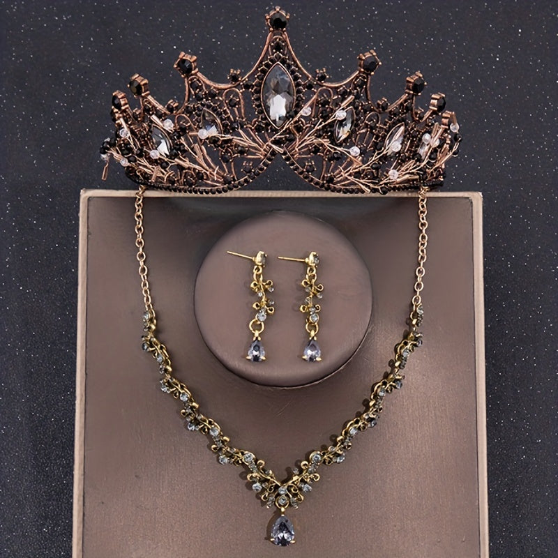 Baroque Crystal Bridal Head Jewelry Set - Tiara Crown Earring Necklace