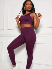 Solid Fitness Yoga Suit Criss Cross Back Sports Bra & Leggings