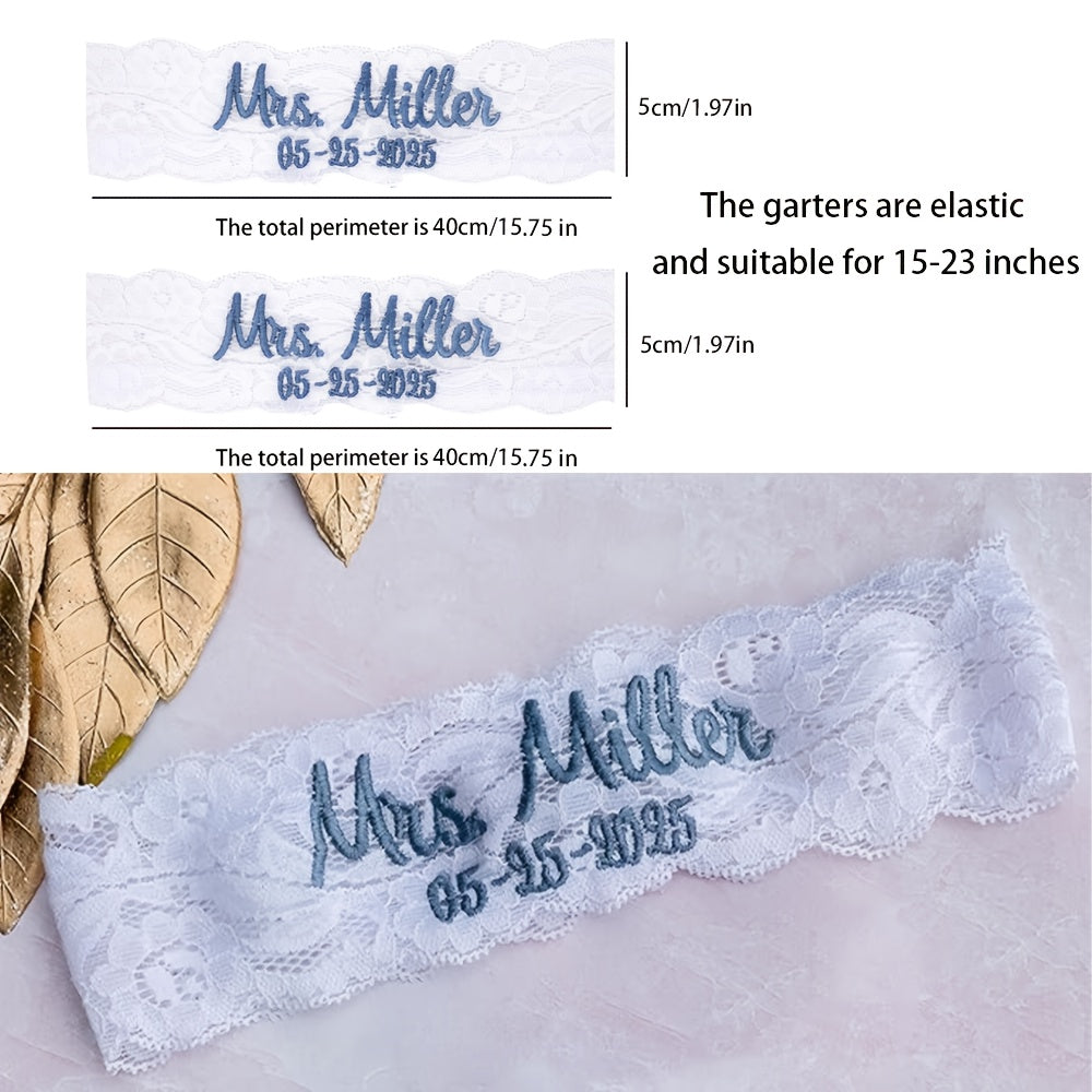 2pcs Personalized Embroidered Lace Wedding Leg Rings Bridal Leg Rings Name Custo