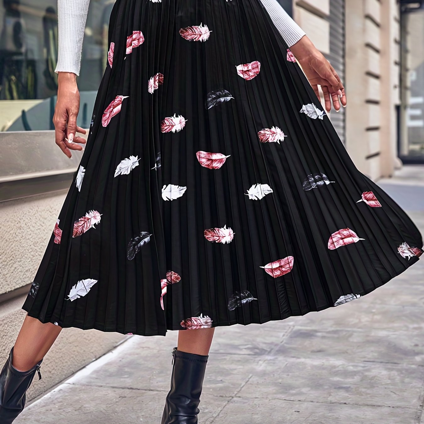 Feather Print Pleated Skirt Elastic Waist for Spring & Summer