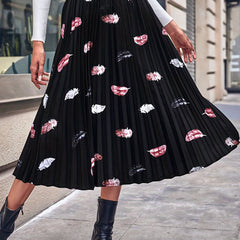 Feather Print Pleated Skirt Elastic Waist for Spring & Summer