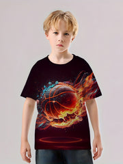 Kids Block Flame Basketball 3D Print Casual Short Sleeve T-shirt