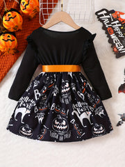 Girls' Cute Pumpkin Halloween Dress Long Sleeve Tee Dress
