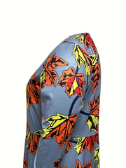 Maple Leaf Print Zipper Round Neck Dress