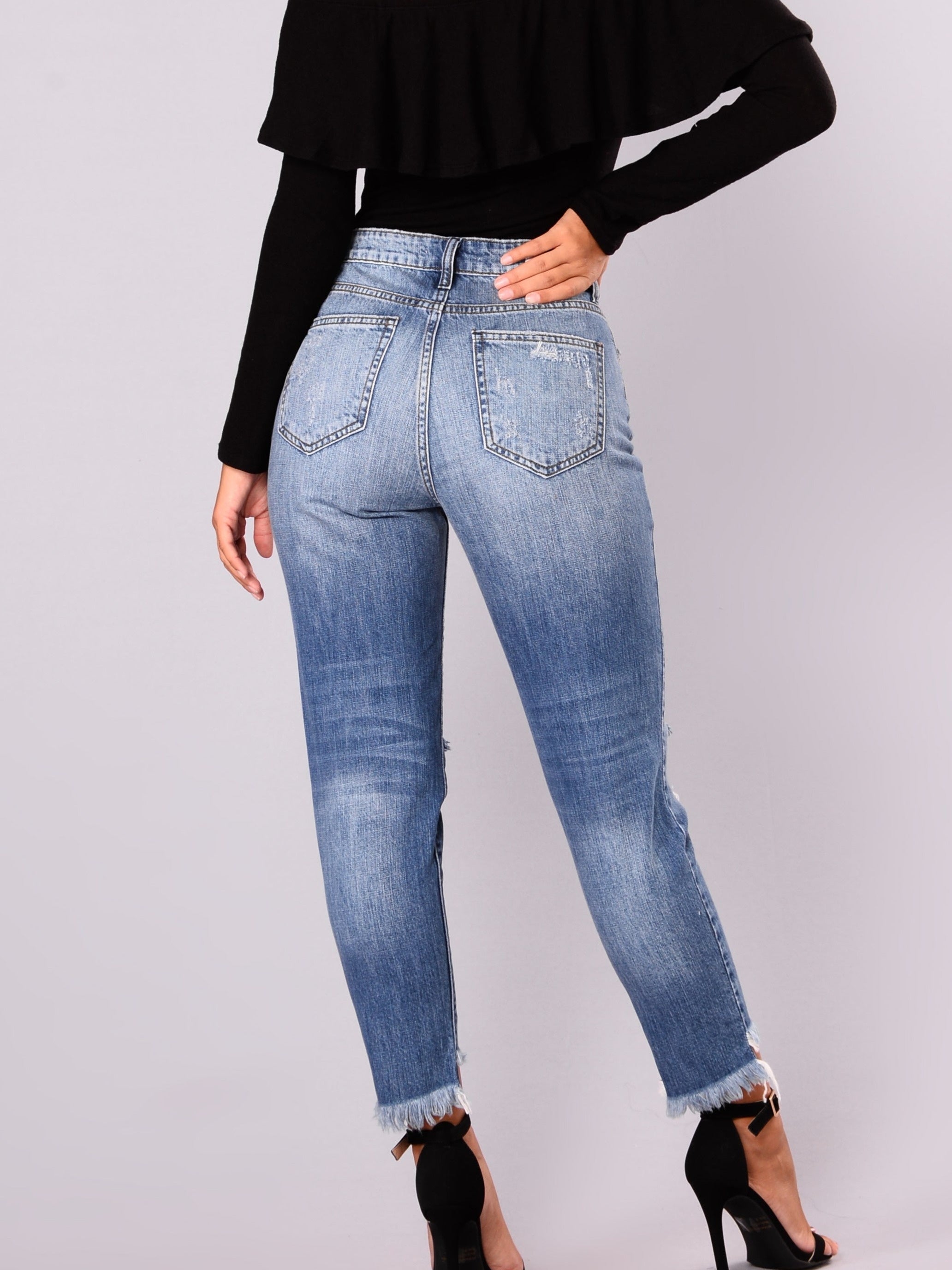 Solid Ripped Button Fly High Rise Tapered Leg Jeans