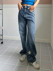 Star Print Washed Straight Leg Jeans Zipper Button Closure