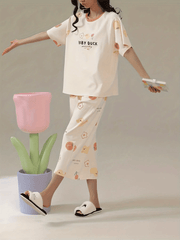 Floral Print Pajamas Set Short Sleeve Crew Neck Top & Crop Pants
