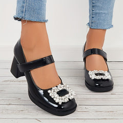 Women's Block Heeled Mary Jane Square Rhinestone Decor Pumps