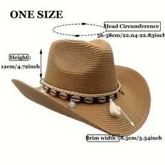 Breathable Sunshade Cowboy Hat with Seashells & Tassel Belts