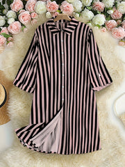 Stripe Print Button Up Roll Up Sleeve Blouse