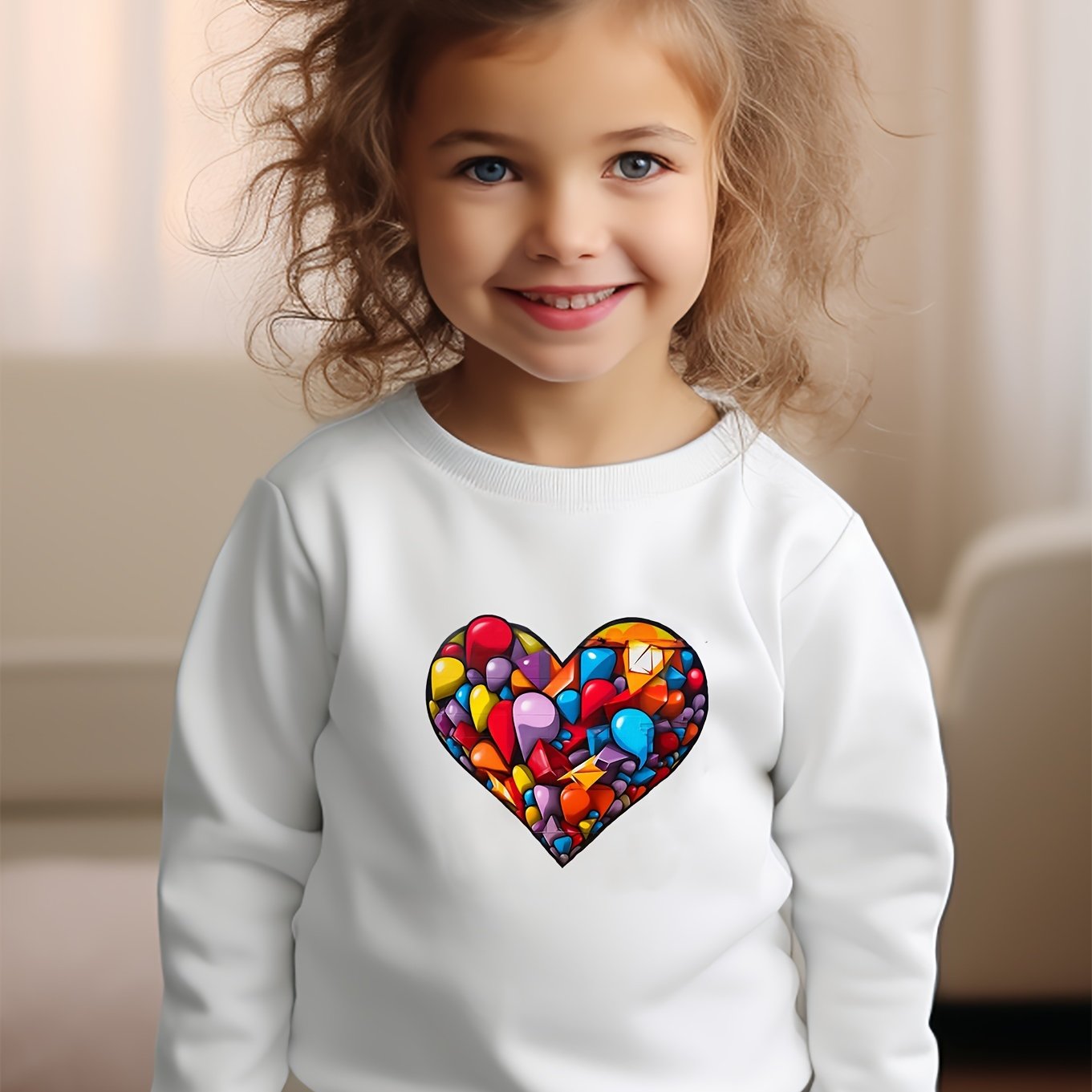 Girls Heart Pattern Crew Neck Sweatshirt For Spring Fall