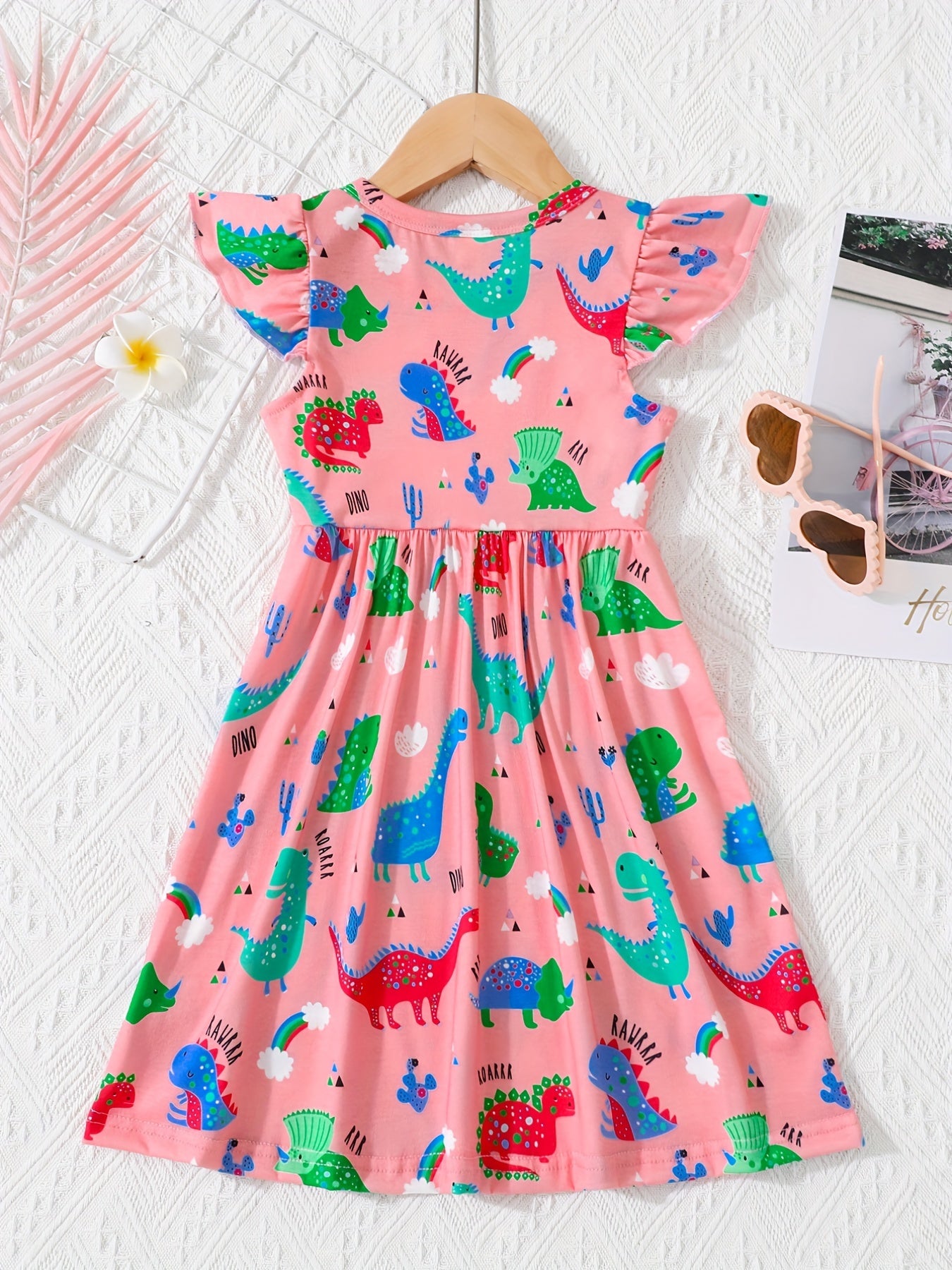 Girls' Fun Dino Cartoon Dress Short Sleeve Comfy Casual Party Vacation Kids Gift