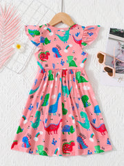 Girls' Fun Dino Cartoon Dress Short Sleeve Comfy Casual Party Vacation Kids Gift