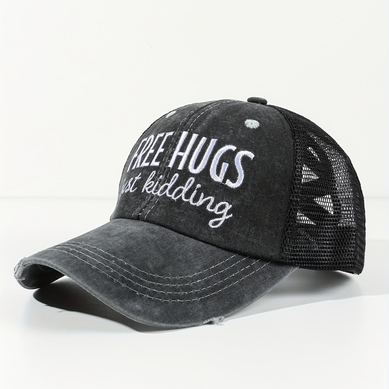 HUGS Ponytail Trucker Hats Washed Distressed Embroidery Baseball Cap