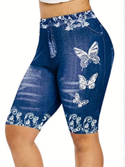 Women's Faux Denim Floral Printed Yoga Shorts High Waist Casual